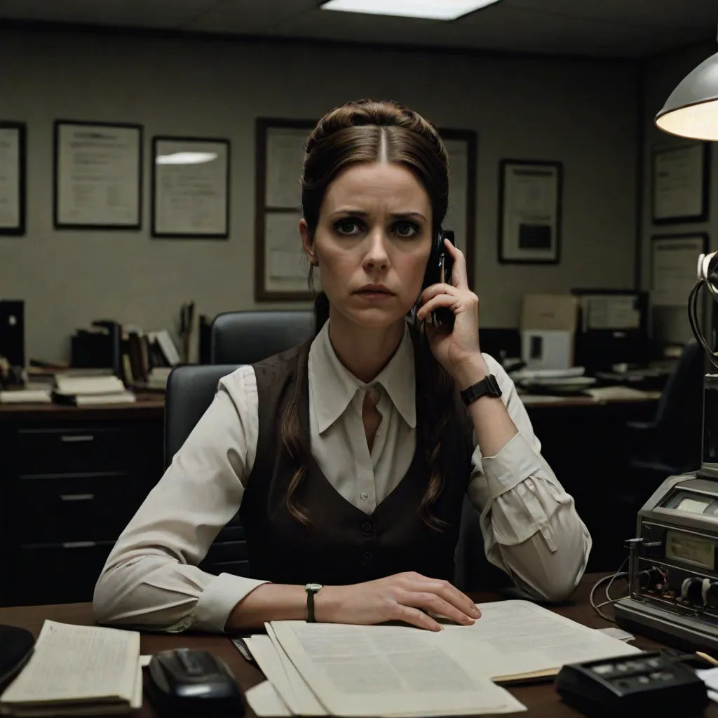 a woman sitting at a desk talking on a cell phone and holding a book in her hand while holding a pen, a character portrait, Clarice Beckett, serial art, leesha hannigan