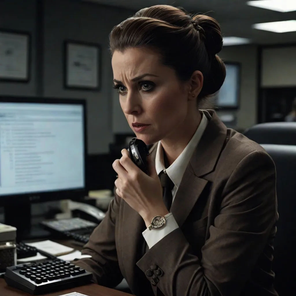 a woman in a suit holding a phone to her ear while sitting at a desk with a computer and a keyboard, a screenshot, Clarice Beckett, tachisme, promotional image