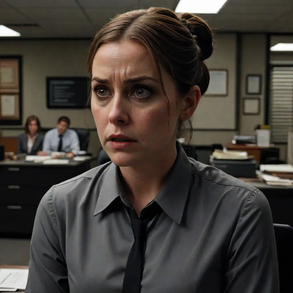 a woman in a tie sitting in an office cubicle with other people in the background on the desk, a character portrait, Brigid Derham, institutional critique, leesha hannigan