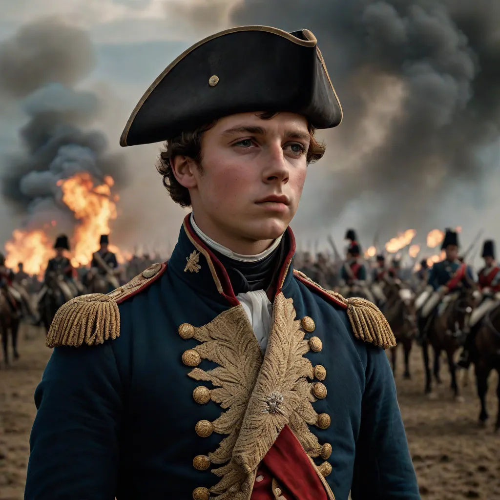 a man in a uniform standing in front of a large group of men on horses with a fire in the background, Augustus Dunbier, american romanticism, a character portrait, vfx