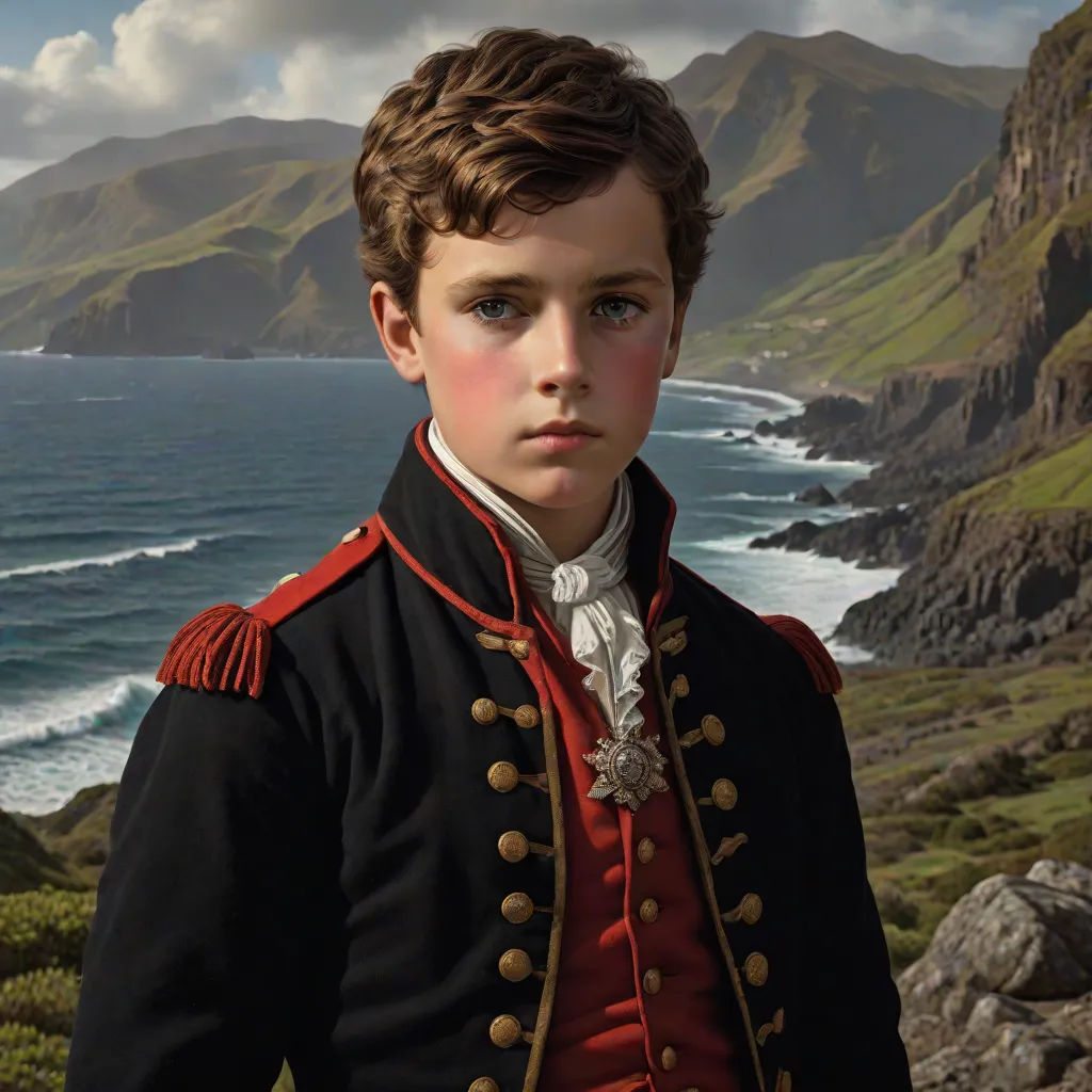 a painting of a boy in a military uniform by the ocean with mountains in the background and a body of water in the foreground, Alexander Sharpe Ross, american scene painting, a hyperrealistic painting, extremely detailed oil painting
