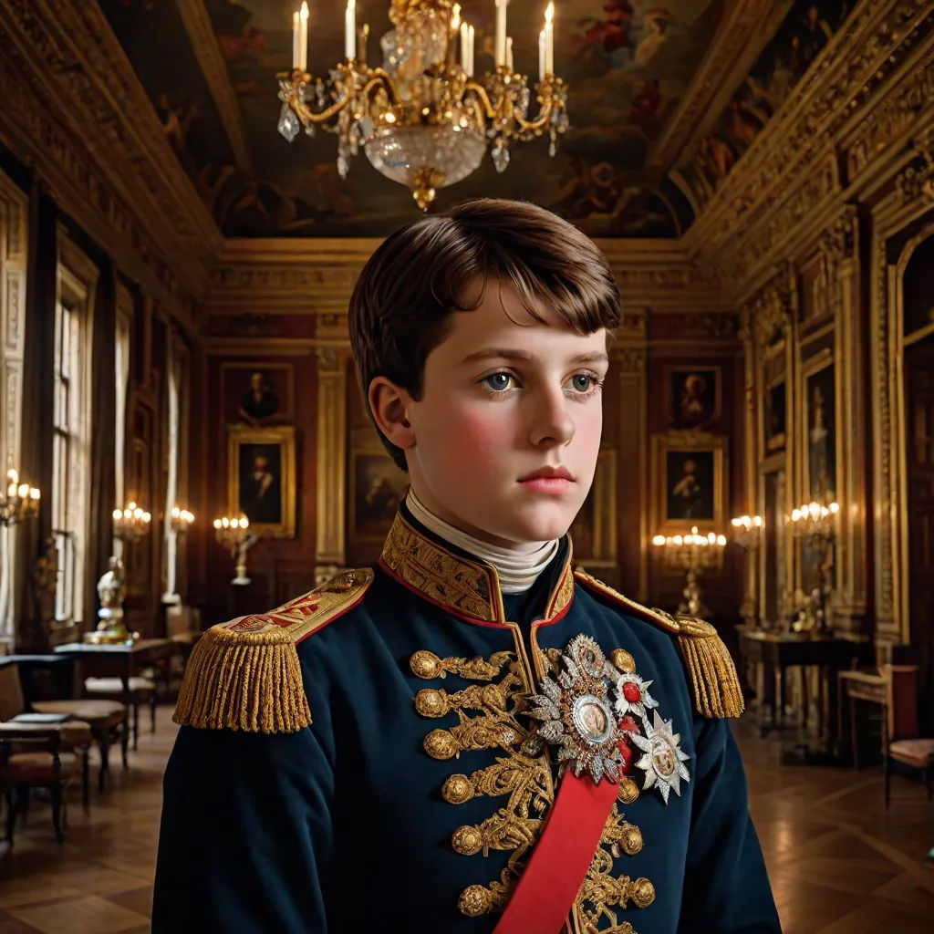 a young boy in a uniform standing in a room with chandeliers and paintings on the walls and ceiling, David Young Cameron, hyperrealism, a photorealistic painting, promotional image