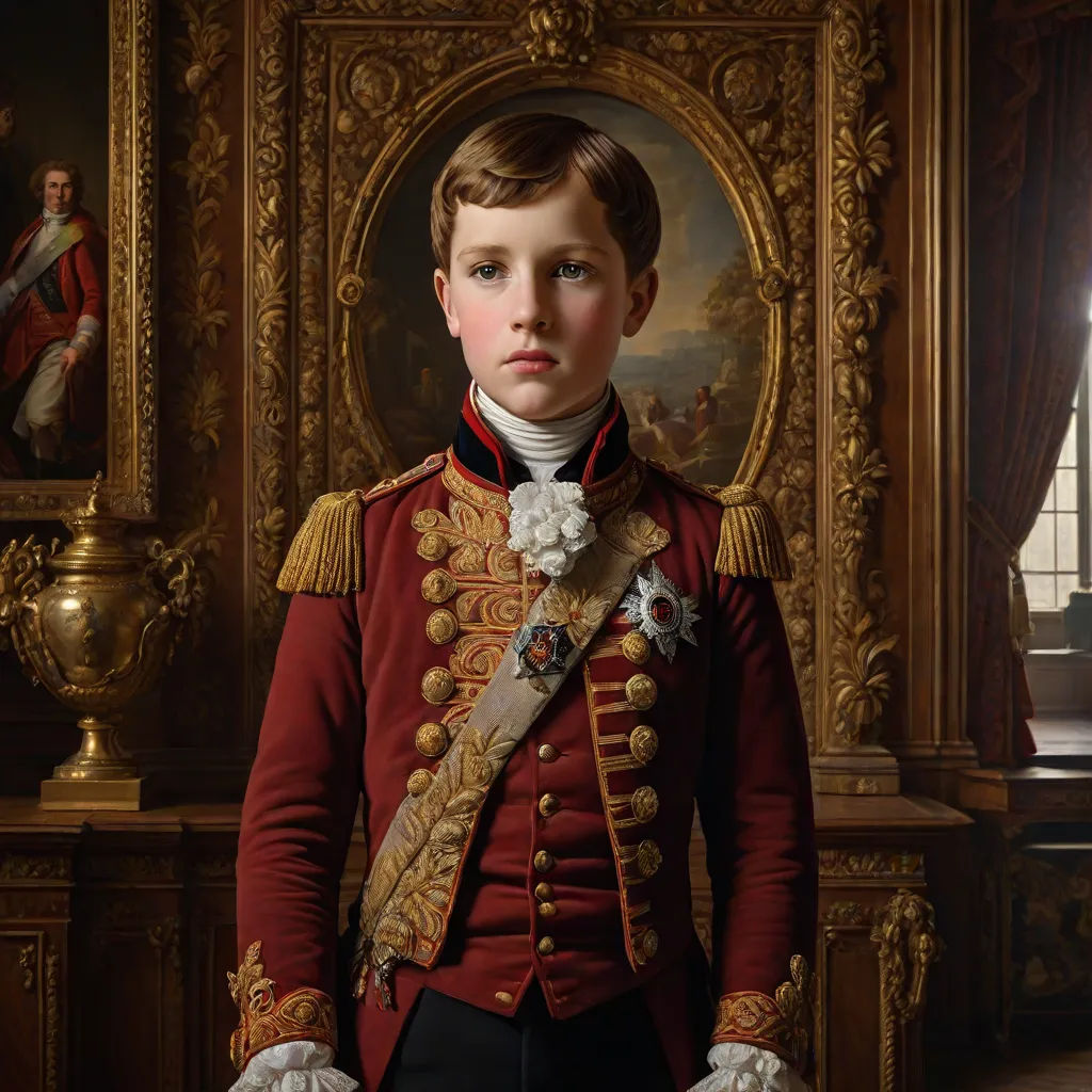 a painting of a young boy in a red uniform with a white flower in his hair and a white glove, Carl Gustaf Pilo, classical realism, a photorealistic painting, highly detailed oil painting