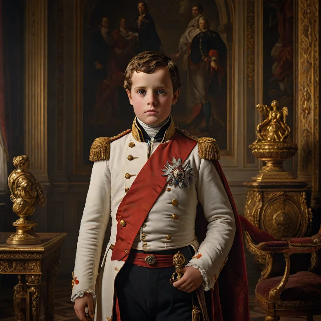 a young boy in a uniform standing in front of a painting of a man in a suit and tie, Carl Gustaf Pilo, classical realism, a detailed matte painting, promotional image
