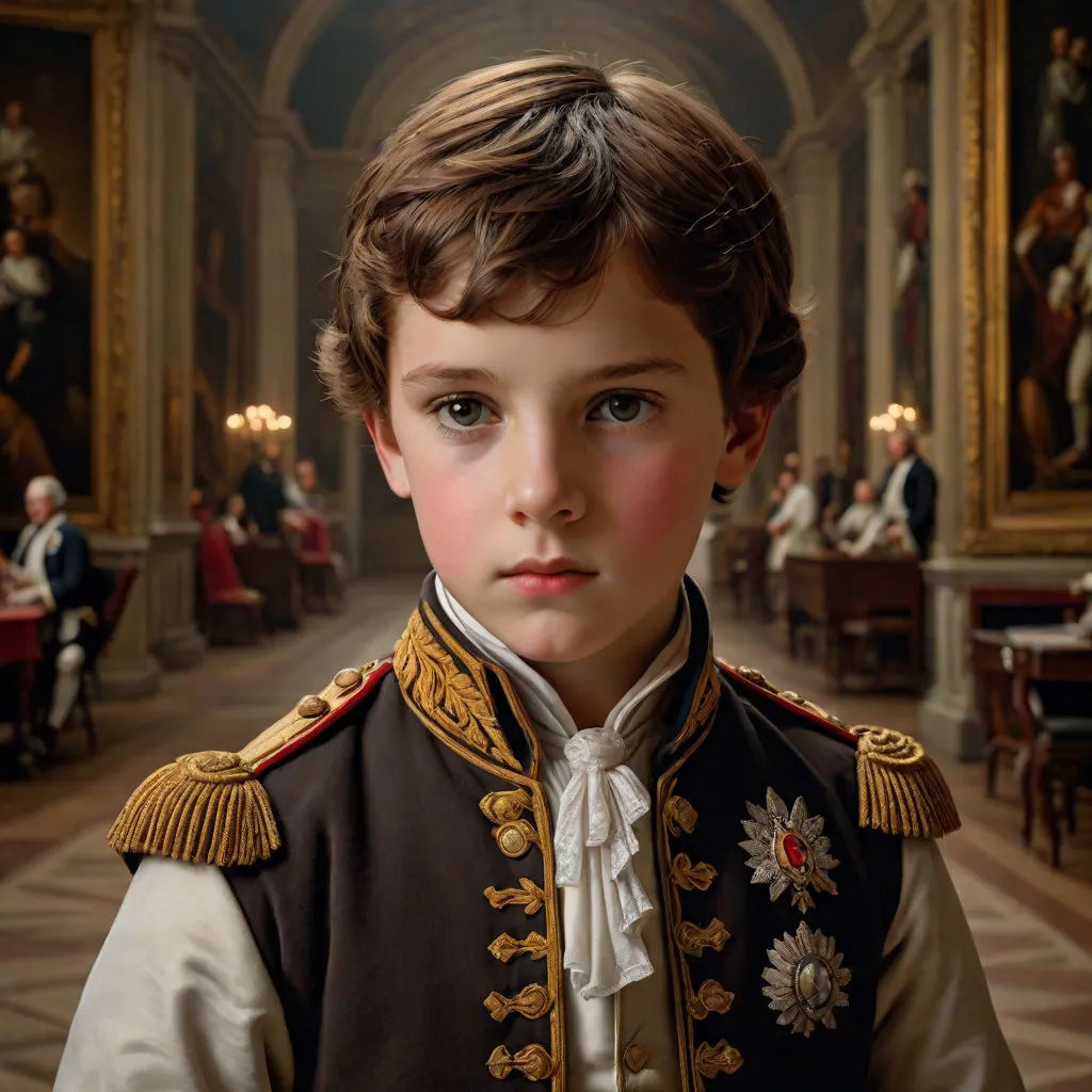 a young boy in a uniform standing in a room with paintings on the walls and a ceiling in the background, Carl Gustaf Pilo, classical realism, a hyperrealistic painting, extremely detailed oil painting
