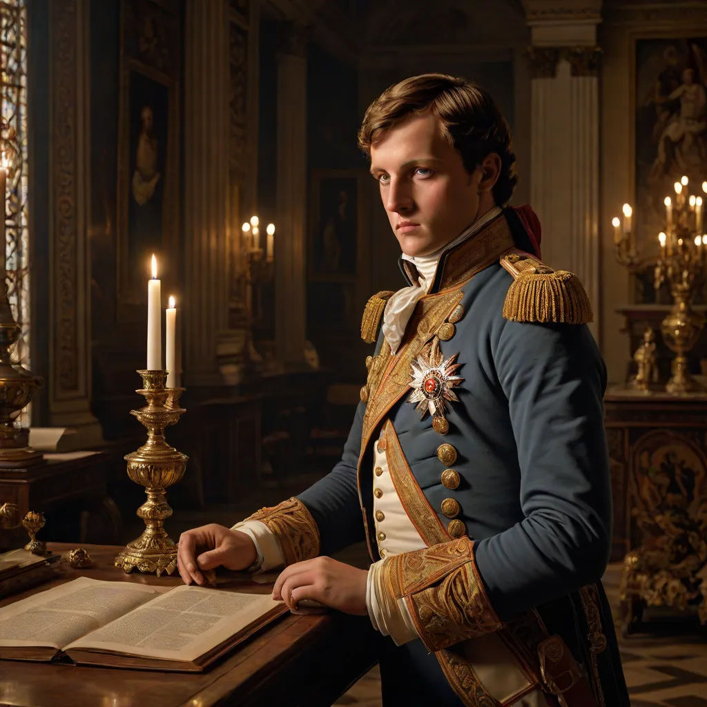 a man in a uniform standing at a table with a book and a candle in front of him in a room with gold and white walls, Carl Gustaf Pilo, mannerism, a character portrait, promotional image