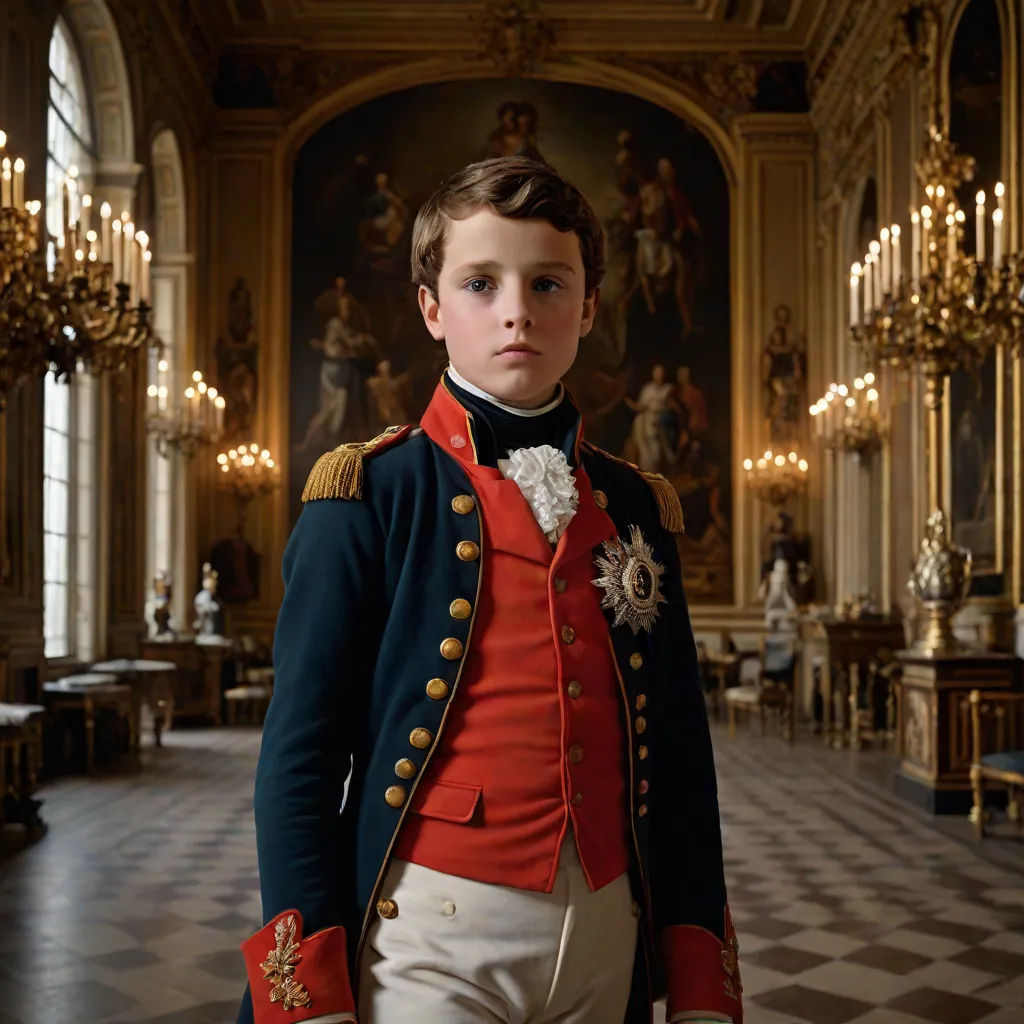 a young boy in a red and blue uniform stands in a room with chandeliers and chandeliers, Antoine Verney-Carron, neoclassicism, a character portrait, promotional image