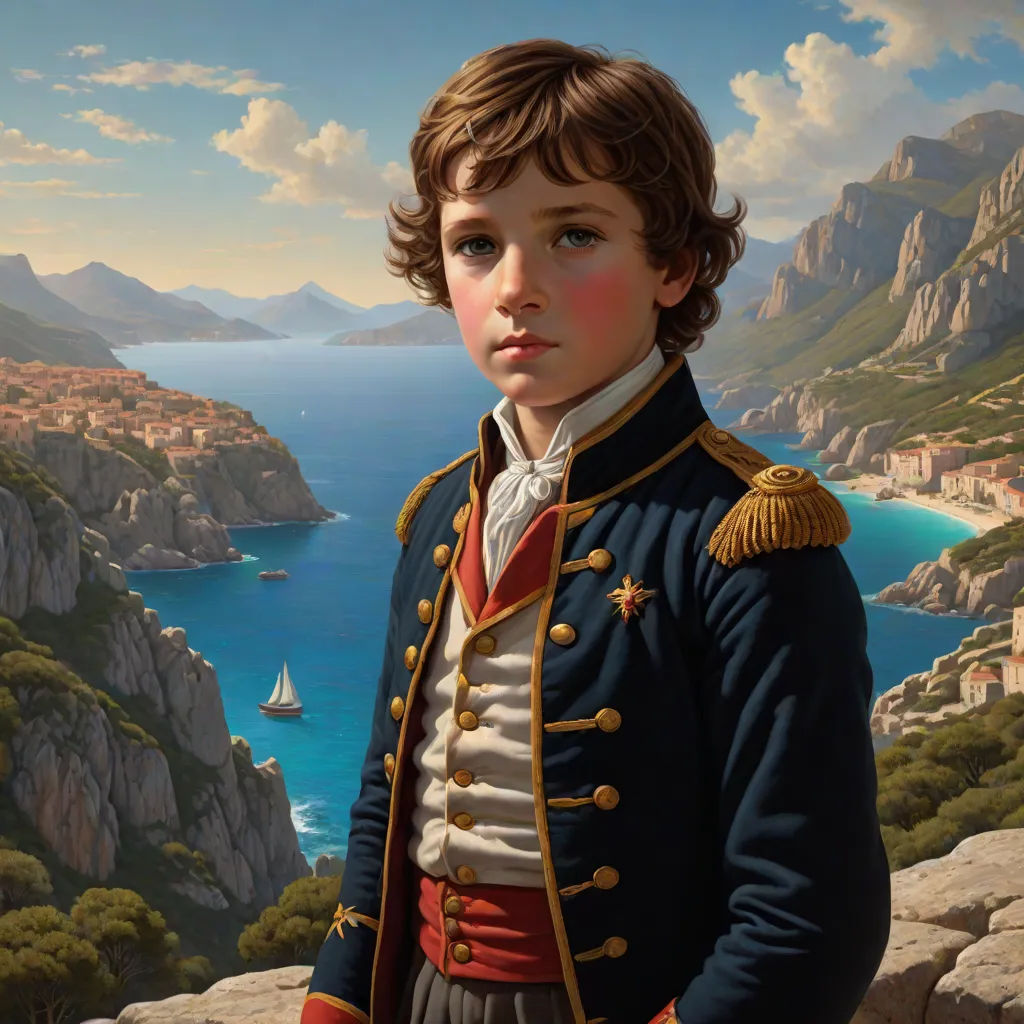 a painting of a boy in a blue uniform standing on a cliff overlooking a bay and mountains with a sailboat in the distance, Chris LaBrooy, american scene painting, a detailed painting, extremely detailed oil painting