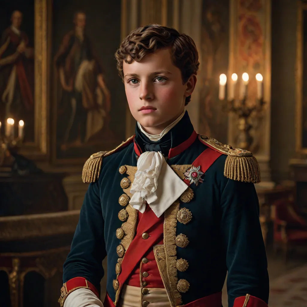 a young boy in a uniform standing in front of a painting of a man in a suit and tie, Carl Gustaf Pilo, mannerism, a character portrait, promotional image