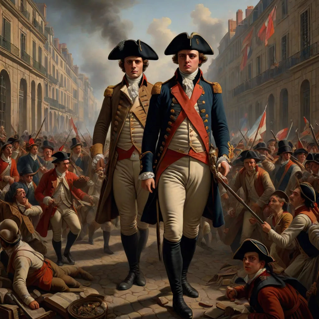 a painting of two men in uniforms walking in front of a crowd of people in a city street with buildings, Bourgeois, american scene painting, a detailed matte painting, highly detailed oil painting