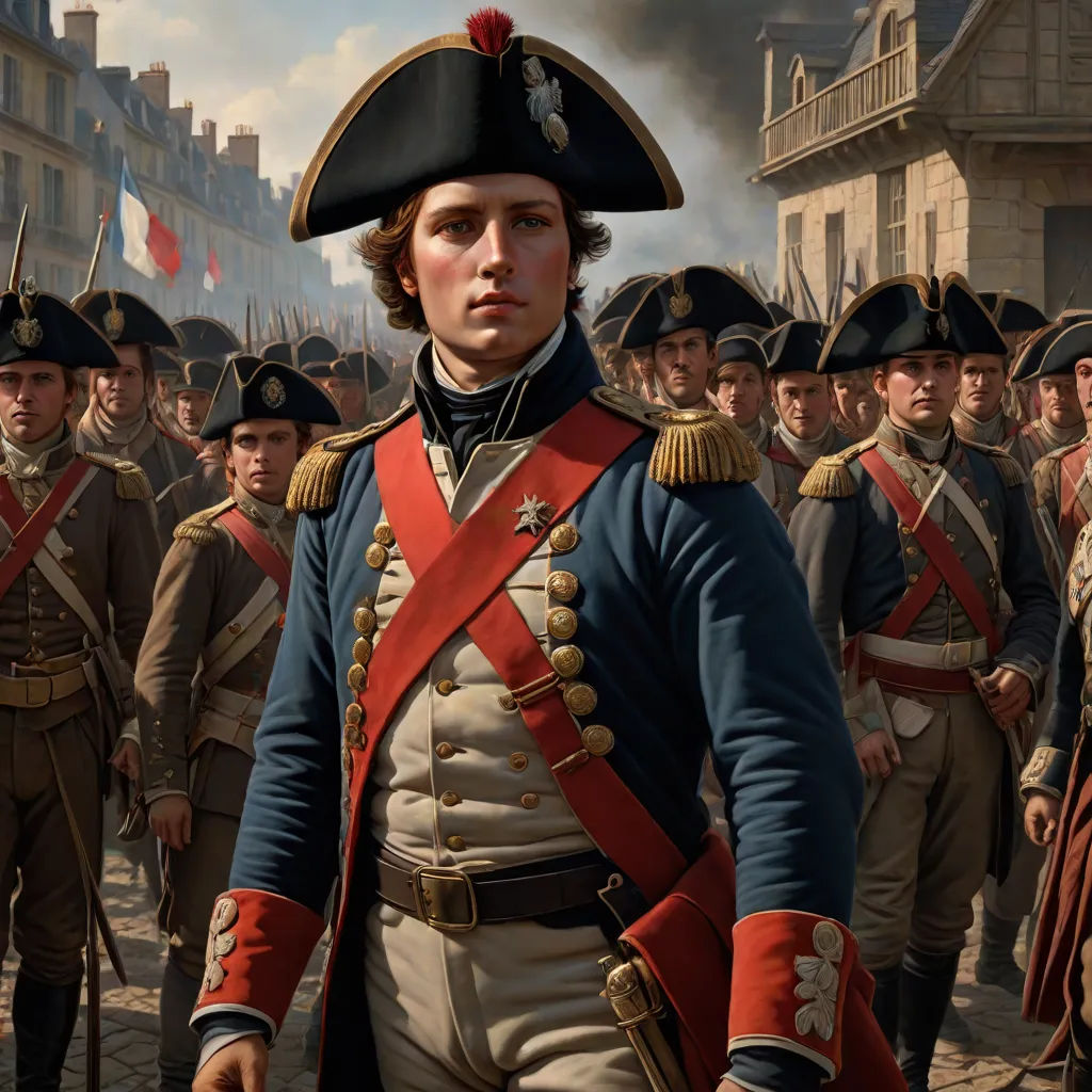 a man in a uniform standing in front of a group of men in uniform and holding a rifle in his hand, Antoine Le Nain, classical realism, a detailed painting, highly detailed oil painting