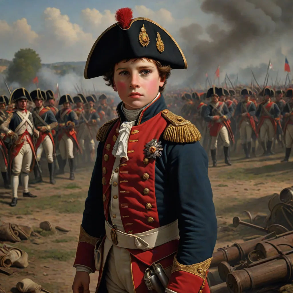 a painting of a boy in a military uniform standing in front of a line of soldiers in uniform,, Carl Gustaf Pilo, american scene painting, a detailed matte painting, highly detailed oil painting