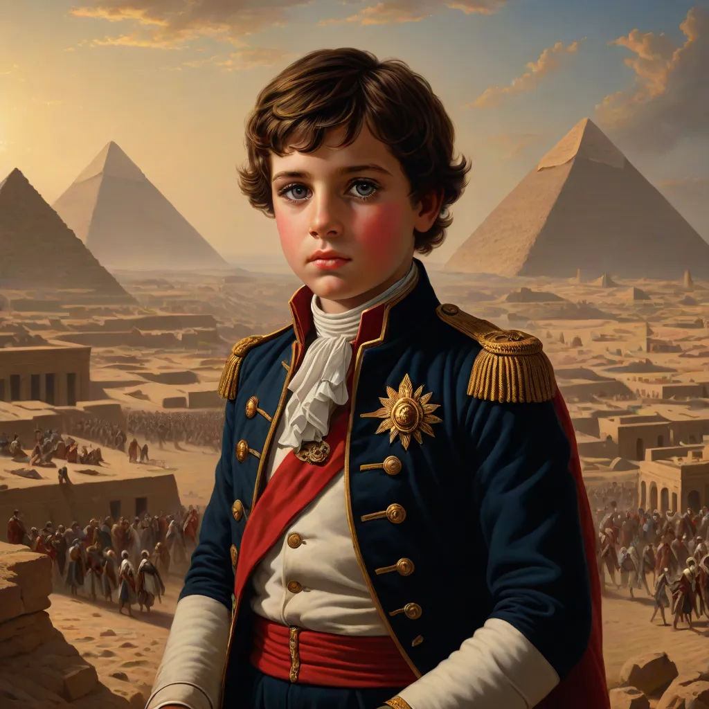 a painting of a boy in a military uniform in front of the pyramids of giza, egypt, Antoine Verney-Carron, qajar art, egyptian art, extremely detailed oil painting