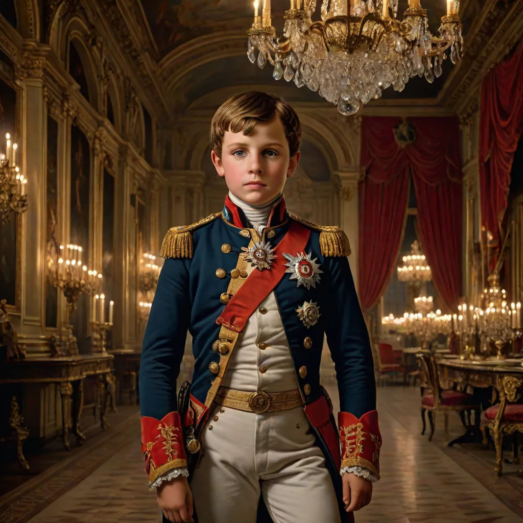 a young boy in a uniform standing in a room with chandeliers and a chandelier hanging from the ceiling, Carl Gustaf Pilo, mannerism, a detailed matte painting, promotional image