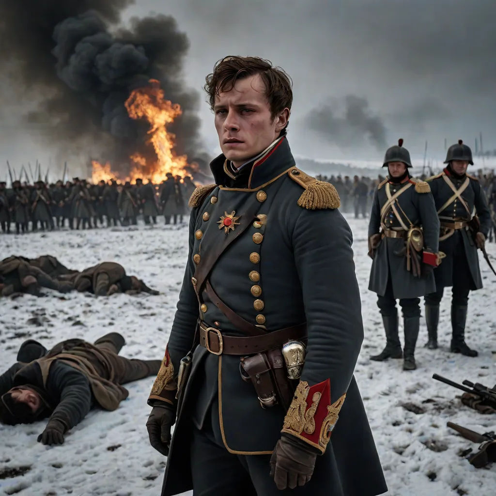 a man in a uniform standing in front of a fire and a crowd of people in the background with a large amount of smoke, Bourgeois, neo-romanticism, a colorized photo, vfx