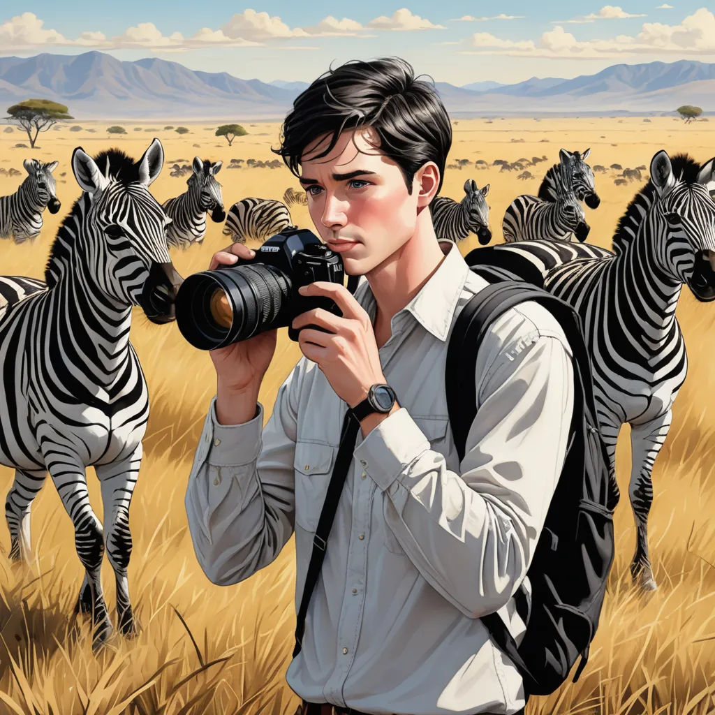 a man taking a picture of a herd of zebras with a camera in his hand, with a camera in his hand, photorealism, a photorealistic painting, Colin Middleton, highly detailed digital painting