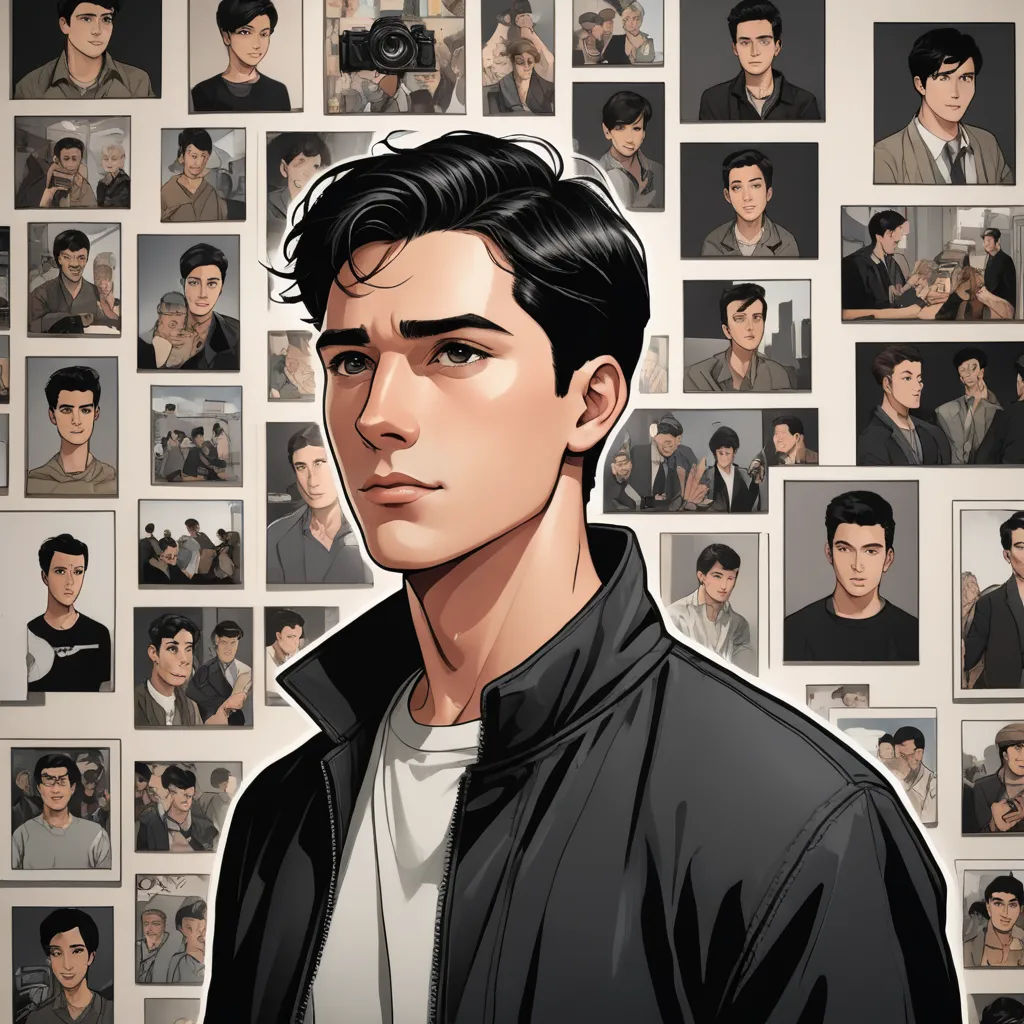 a man with a black jacket and a bunch of pictures behind him and a camera in his hand and a camera in his other hand, serial art, a comic book panel, Everett Warner, comic cover art