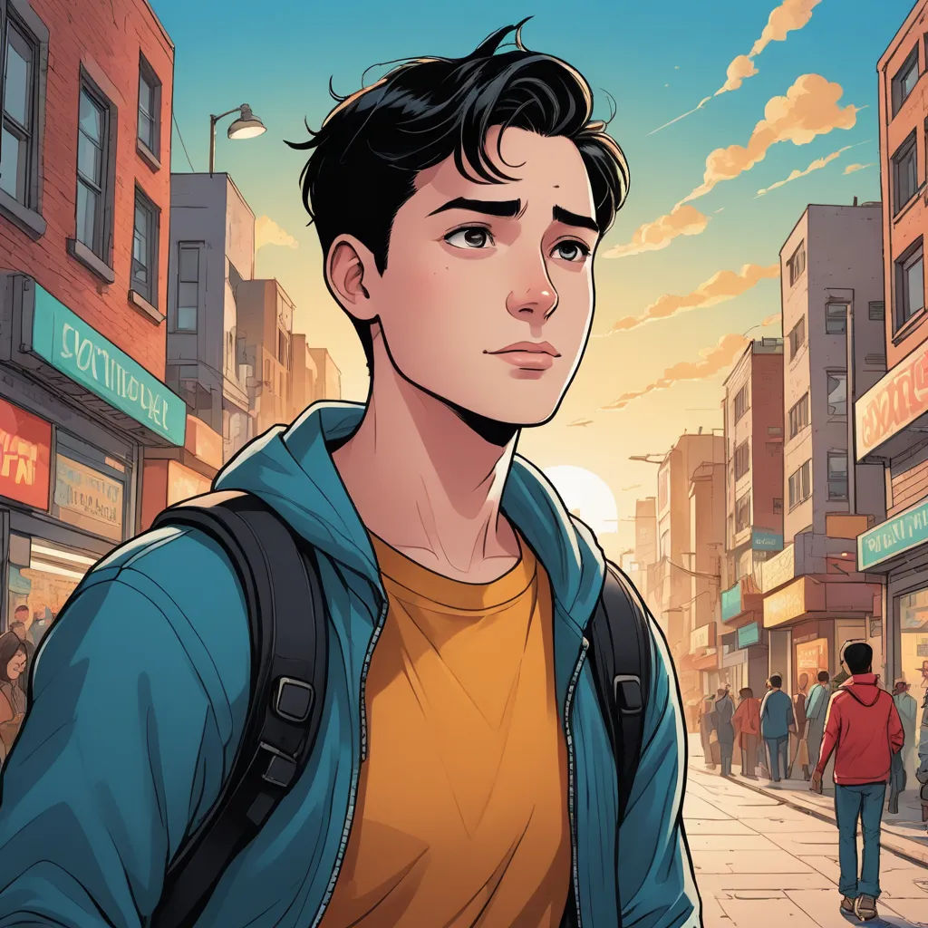 a man standing on a street next to a building with a sky background and a person walking down the street, sots art, a comic book panel, David Park, comic cover art