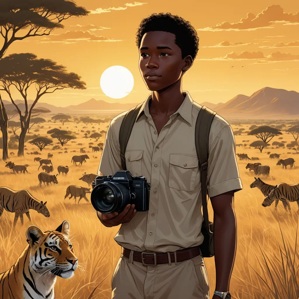 a man holding a camera in front of a tiger and a sunset with other animals in the background and a man in a safari outfit holding a camera, american scene painting, a character portrait, David Palumbo, graphic novel