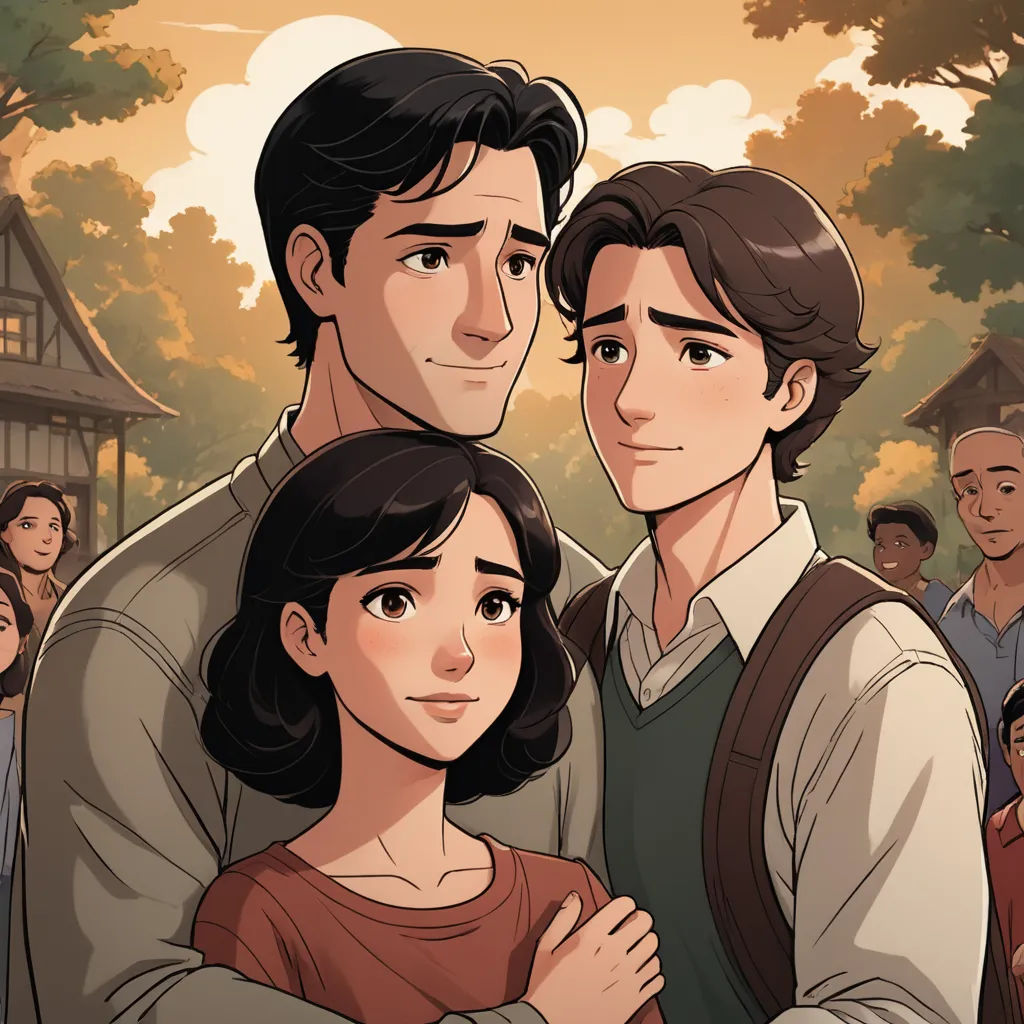 a man and woman standing next to each other in front of a crowd of people in a park with trees, vancouver school, a storybook illustration, David Park, graphic novel