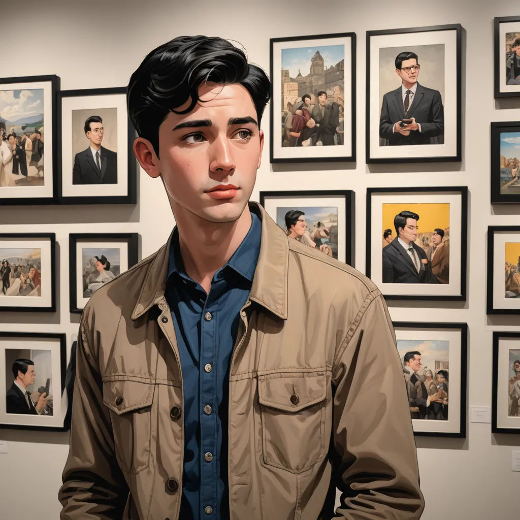 a man standing in front of a wall of pictures of people and a man with a mustache and a suit, hyperrealism, a hyperrealistic painting, David Park, photorealistic portrait