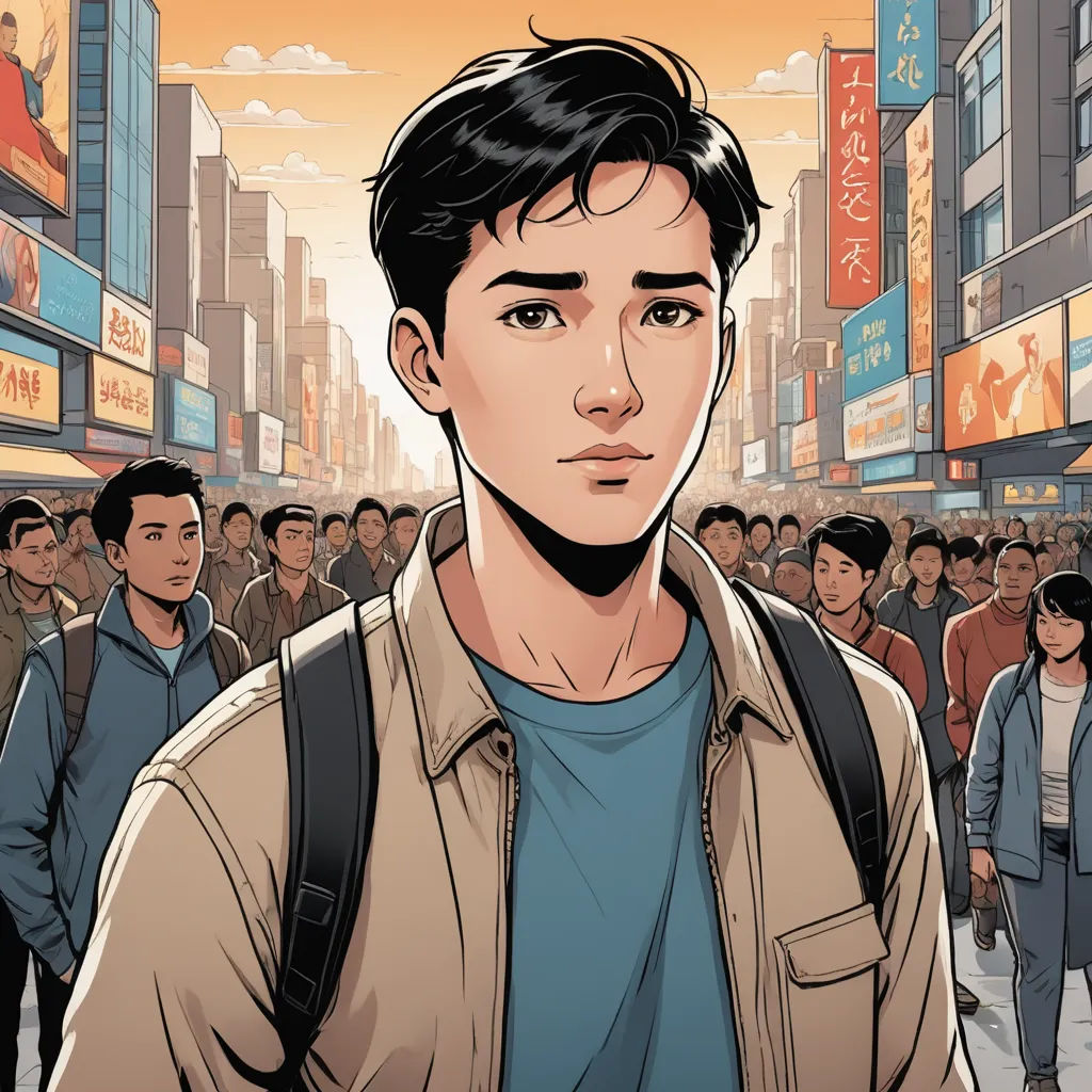 a man with a backpack standing in front of a crowd of people in a city street with a cityscape in the background, rayonism, a comic book panel, David Park, graphic novel