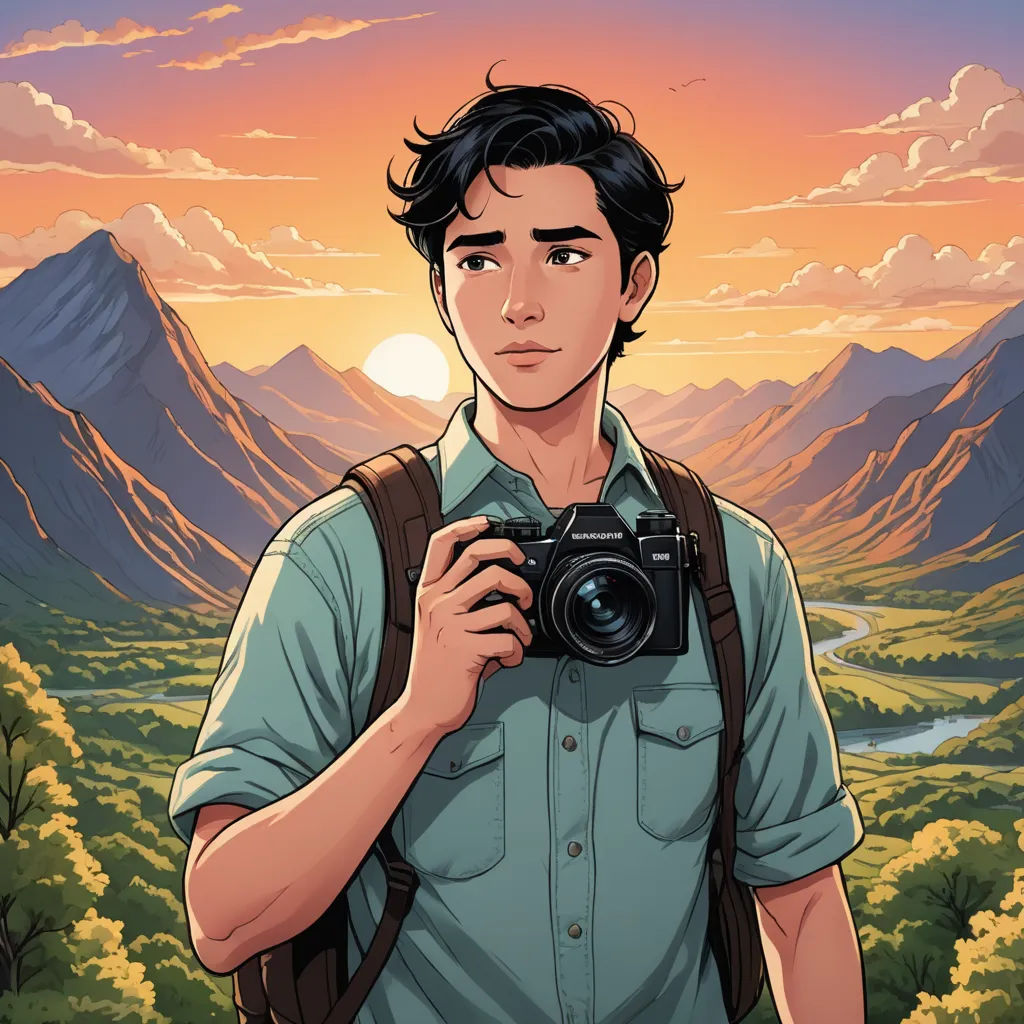 a man holding a camera in front of a mountain range with a sunset behind him and a river running through the valley, serial art, a character portrait, David Park, official art