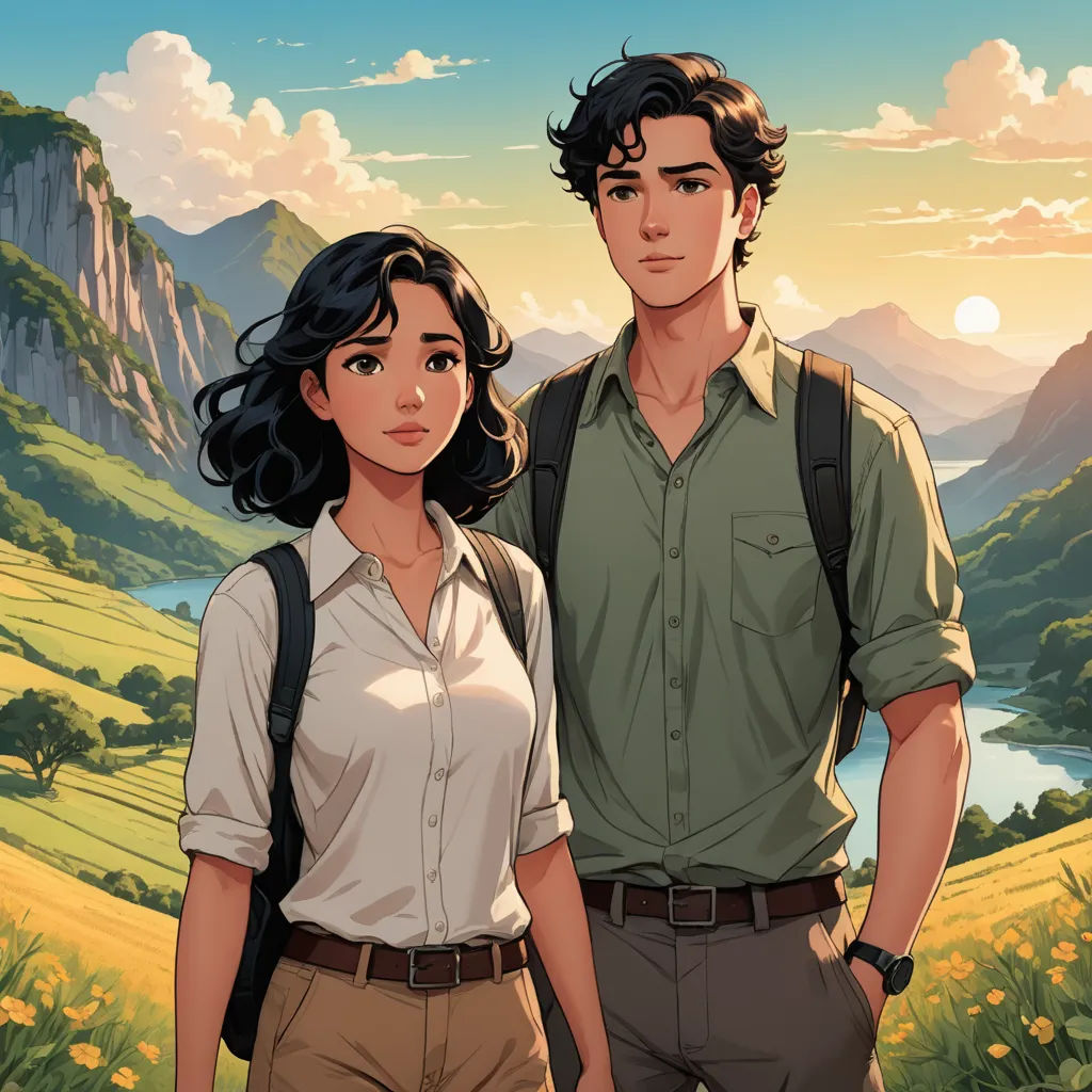a man and a woman standing next to each other in front of a mountain range with a river and a valley, serial art, a comic book panel, David Park, official art