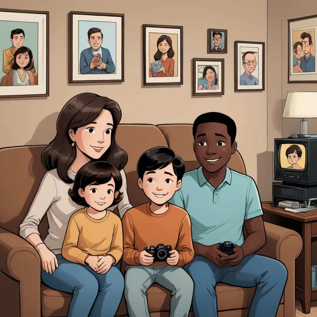 a family sitting on a couch in a living room with a television and pictures on the wall behind them, sots art, a storybook illustration, Everett Warner, video game