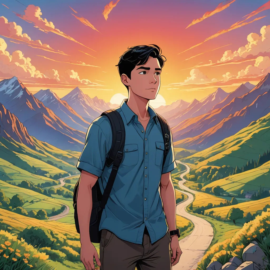 a man standing in front of a mountain with a sunset in the background and a road leading to the mountains, sots art, poster art, Cedric Seaut (Keos Masons), rossdraws global illumination