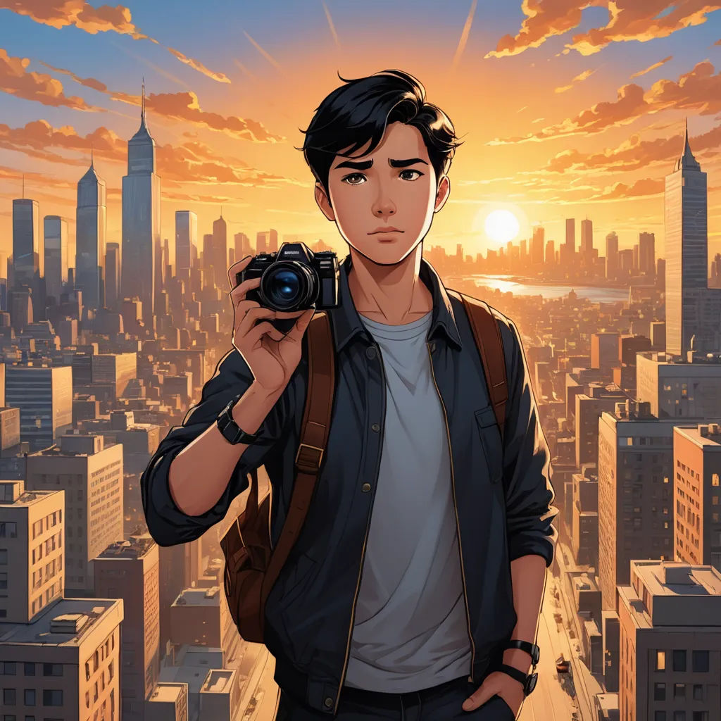 a man holding a camera in front of a city skyline at sunset with the sun setting behind him and a cityscape in the background, photorealism, a character portrait, David Park, rossdraws global illumination