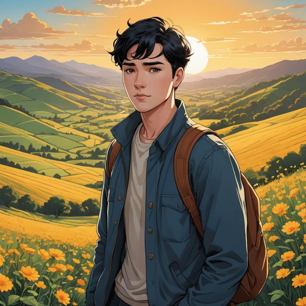 a man standing in a field of flowers with a backpack on his back and a sunset in the background, sots art, a character portrait, Cedric Seaut (Keos Masons), rossdraws global illumination