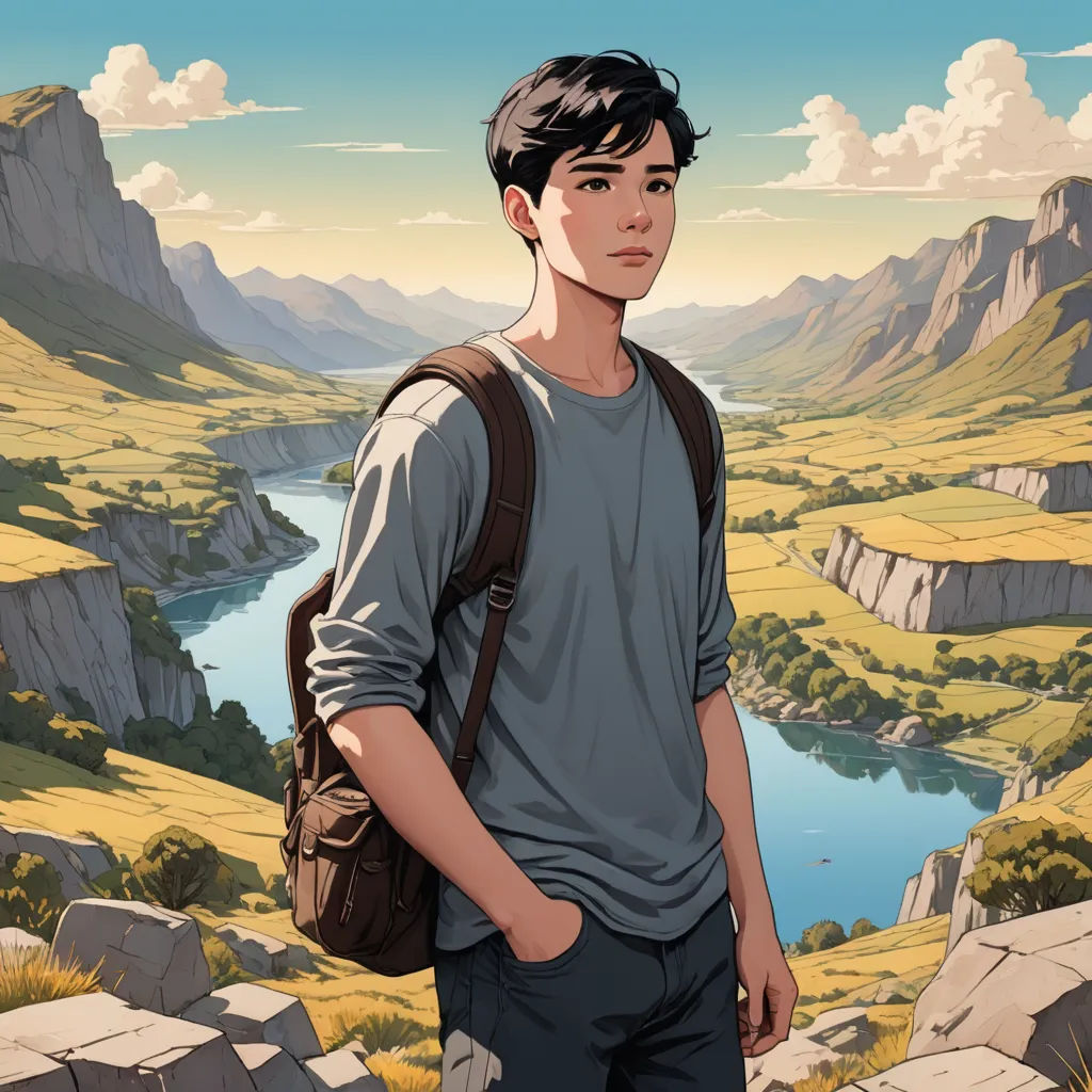 a man with a backpack standing in front of a mountain landscape with a river and mountains in the background, environmental art, a comic book panel, Cedric Seaut (Keos Masons), yukito kishiro