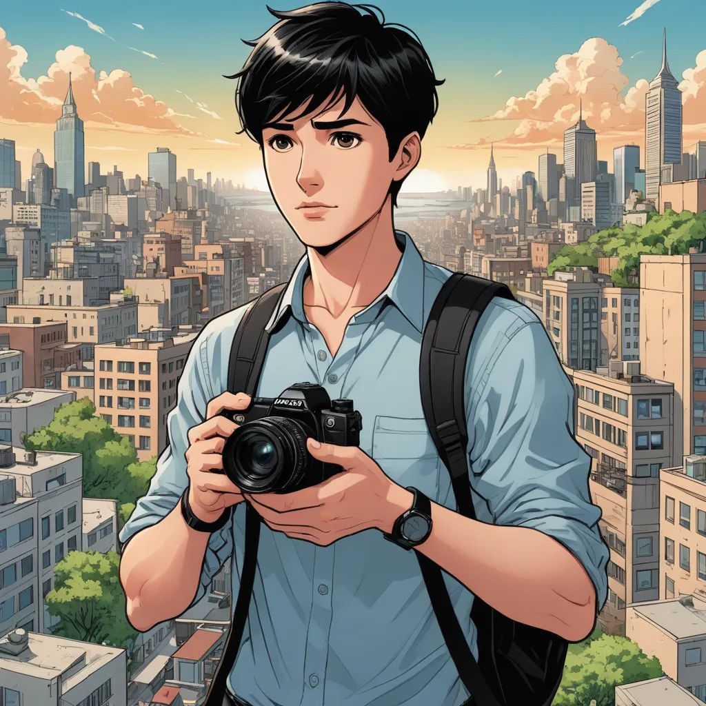 a man holding a camera in front of a cityscape with a sky background and clouds in the sky, photorealism, a comic book panel, David Park, yukito kishiro