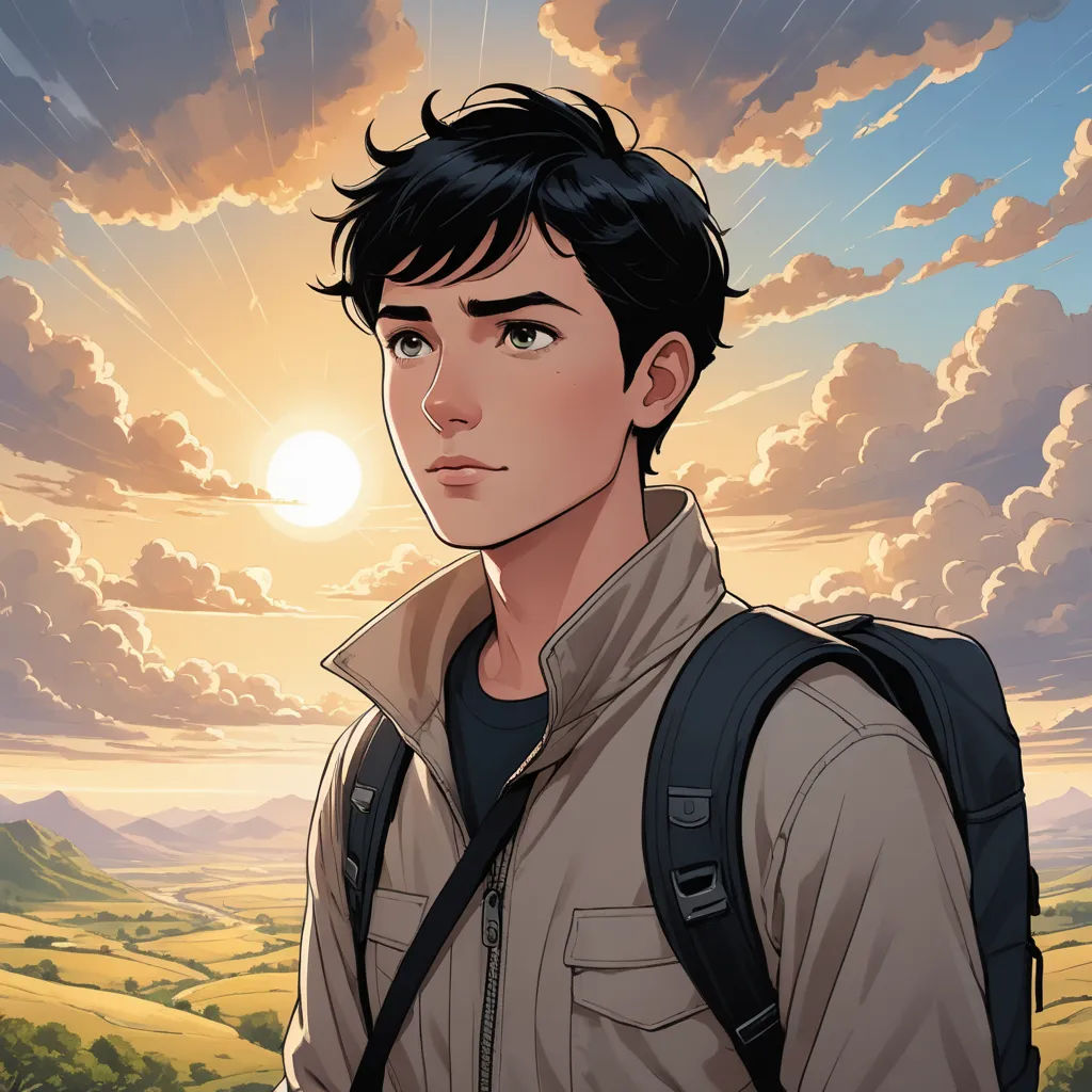 a man with a backpack standing in front of a sunset and clouds in the background with the sun shining, sots art, a comic book panel, Everett Warner, official art