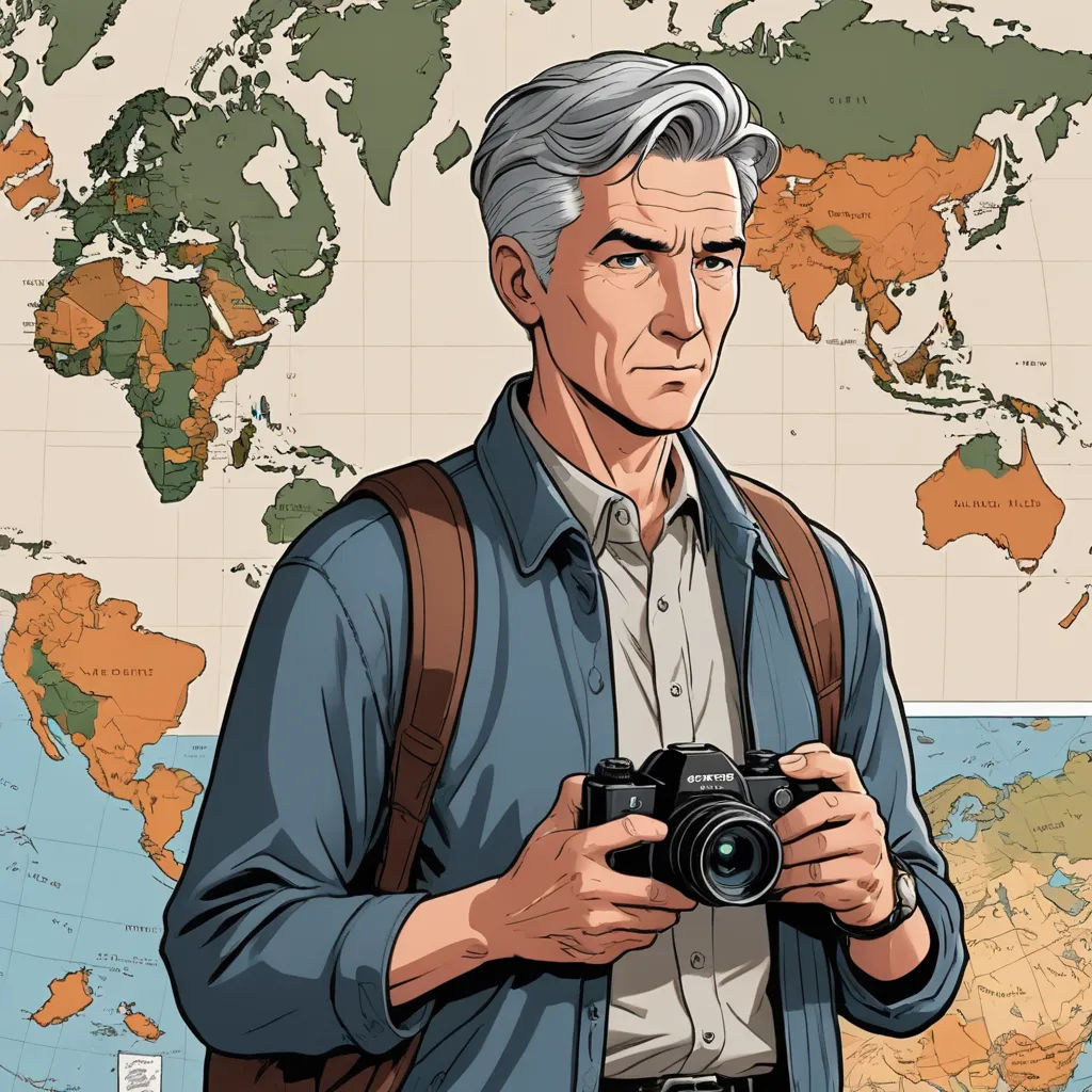 a man holding a camera in front of a map of the world with a world map in the background, serial art, a character portrait, Christo, character portrait