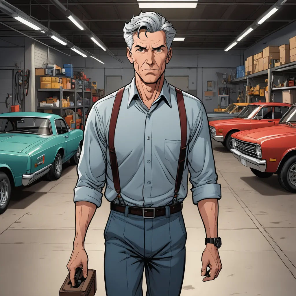 a man in a garage with a briefcase and a car in the background, in a cartoon style, with a car in the background, serial art, a character portrait, Allan Brooks, character portrait