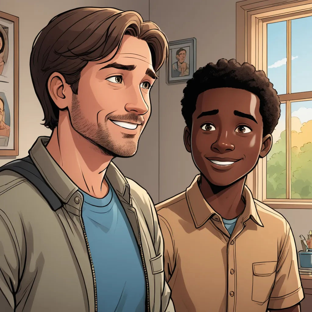 a man and a boy are standing in a room with a window and a picture on the wall behind them, american scene painting, a comic book panel, Chip Zdarsky, graphic novel