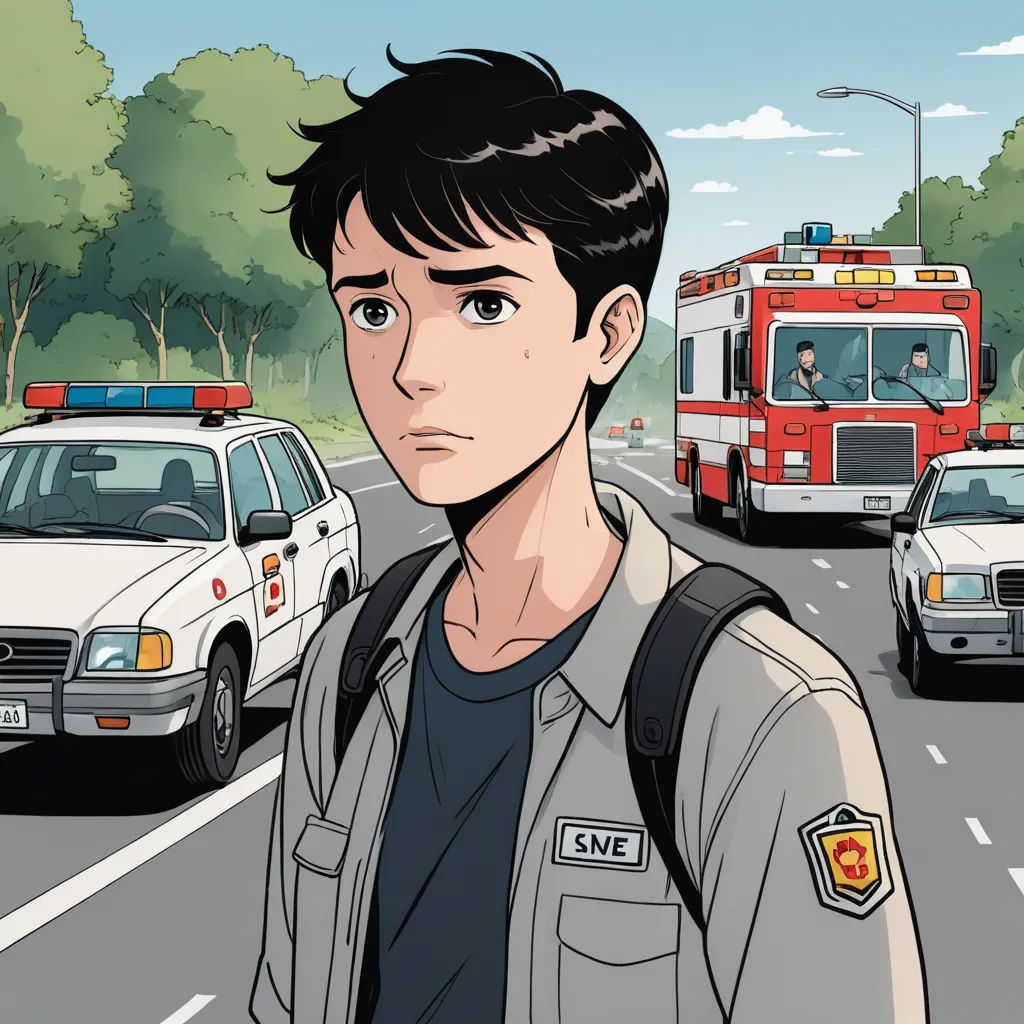 a man standing in front of a street filled with traffic and ambulances on a sunny day with trees, sots art, a comic book panel, David Park, graphic novel