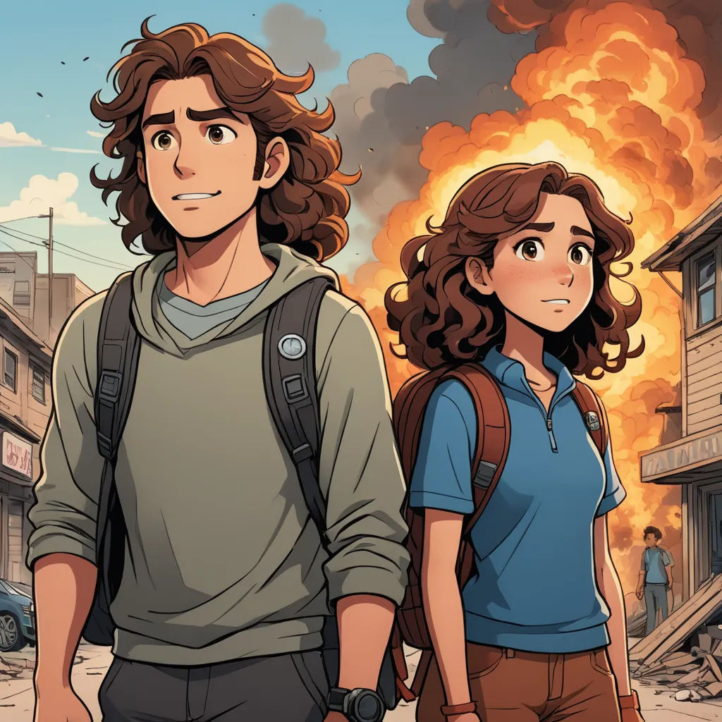 a man and a woman standing in front of a fire with a building in the background and a sky filled with smoke, serial art, a comic book panel, Cedric Seaut (Keos Masons), comic cover art