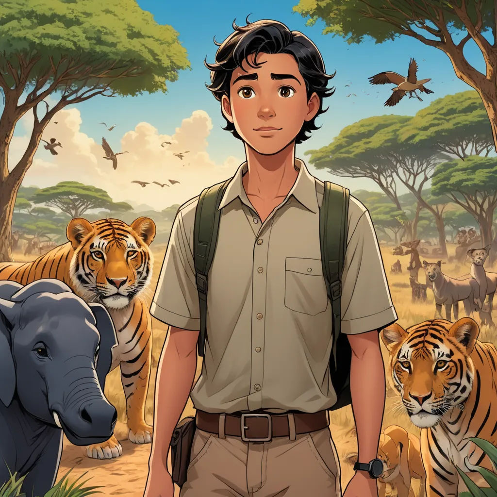 a man standing in front of a group of tigers and a tiger in the background with a bird flying overhead, furry art, a comic book panel, Cliff Childs, graphic novel