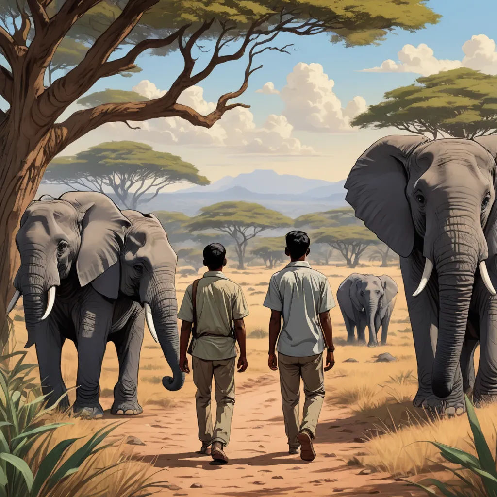two men walking down a dirt road with elephants in the background and trees in the foreground, with a sky background, fantastic realism, a storybook illustration, Chris LaBrooy, graphic novel