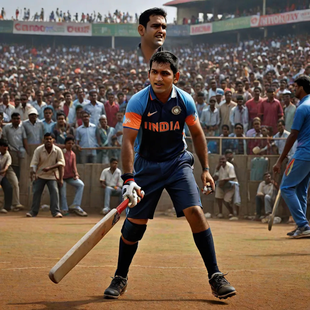a man holding a bat in front of a crowd of people in a stadium with a crowd of people, samikshavad, a colorized photo, Bholekar Srihari, promotional image