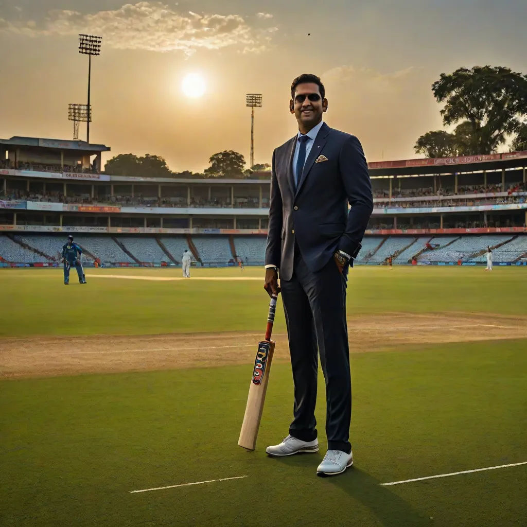 a man in a suit and sunglasses holding a bat on a field with a sunset in the background and a baseball field, samikshavad, an oil on canvas painting, Bholekar Srihari, promotional image