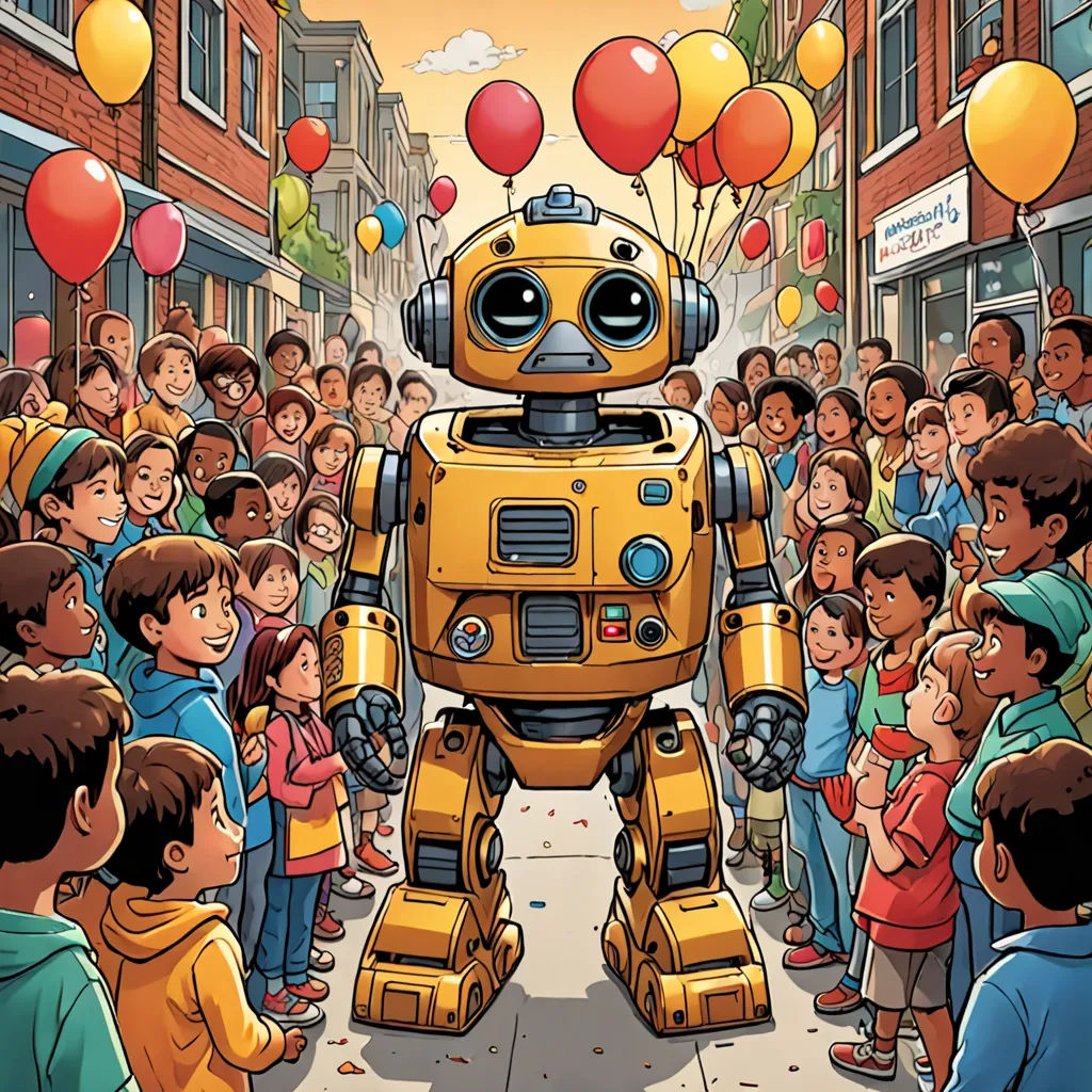 a cartoon of a robot standing in front of a crowd of children in a city street with balloons floating in the air, les automatistes, a storybook illustration, Adam Rex, robot