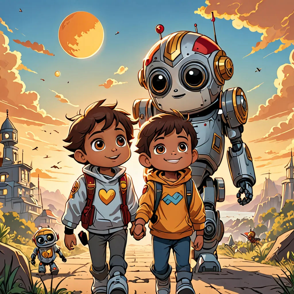 a couple of kids walking down a street next to a robot on a hill with a sky background and a sun, les automatistes, poster art, Diego Gisbert Llorens, comic cover art