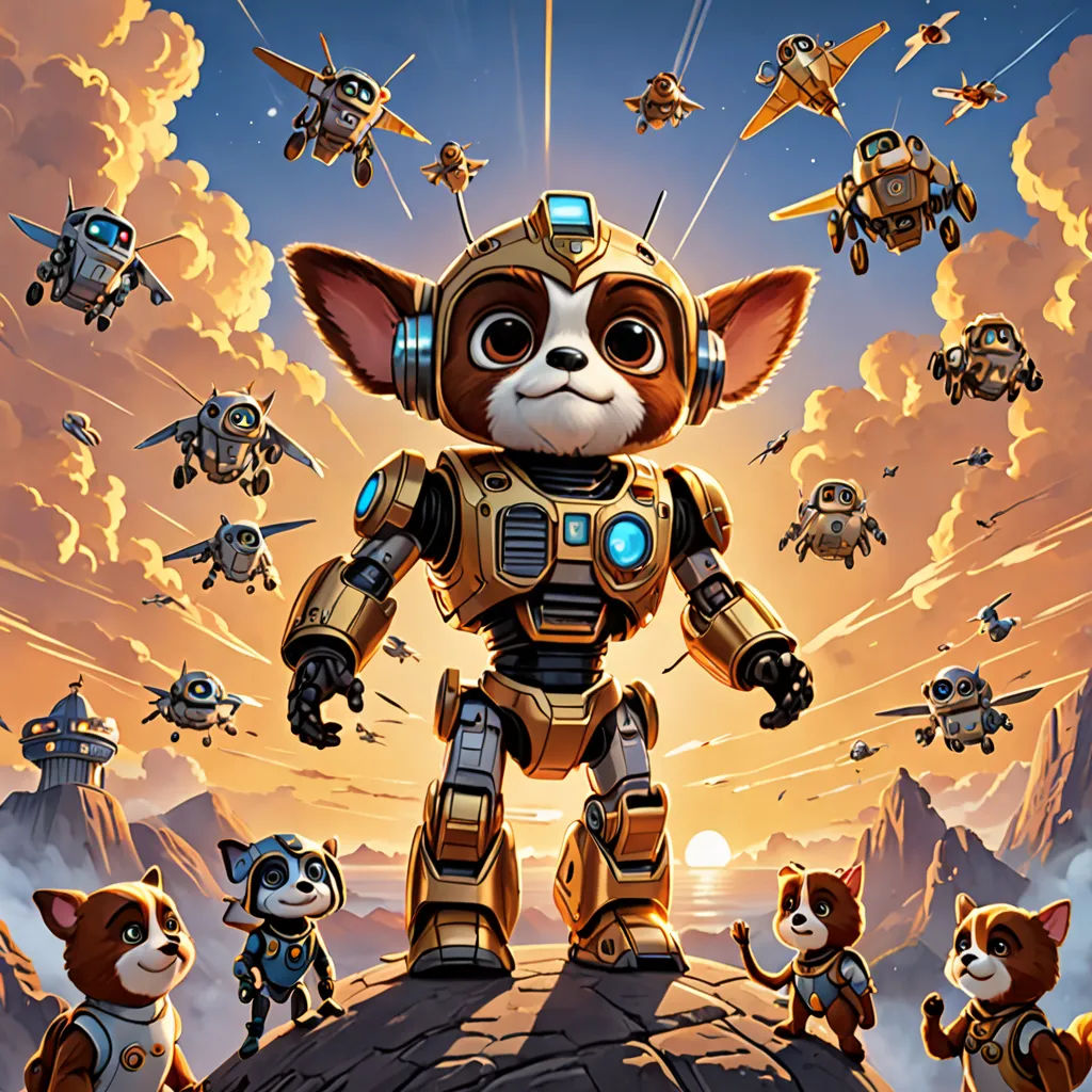 a cartoon character with a bunch of small animals around him and a robot in the background with a sky full of planes, sots art, poster art, Chris LaBrooy, key art