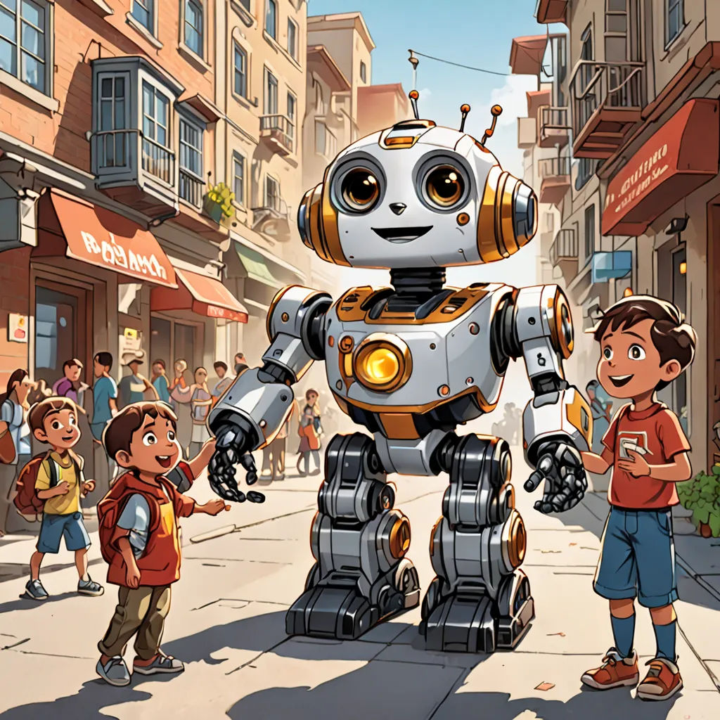 a group of children standing next to a robot on a street next to a building with a sign that says, robot, les automatistes, concept art, Adam Rex, promotional image