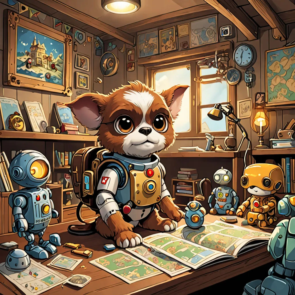 a cartoon dog sitting at a desk with a robot next to him and a book on the table with a map, sots art, a storybook illustration, Chris LaBrooy, highly detailed digital art
