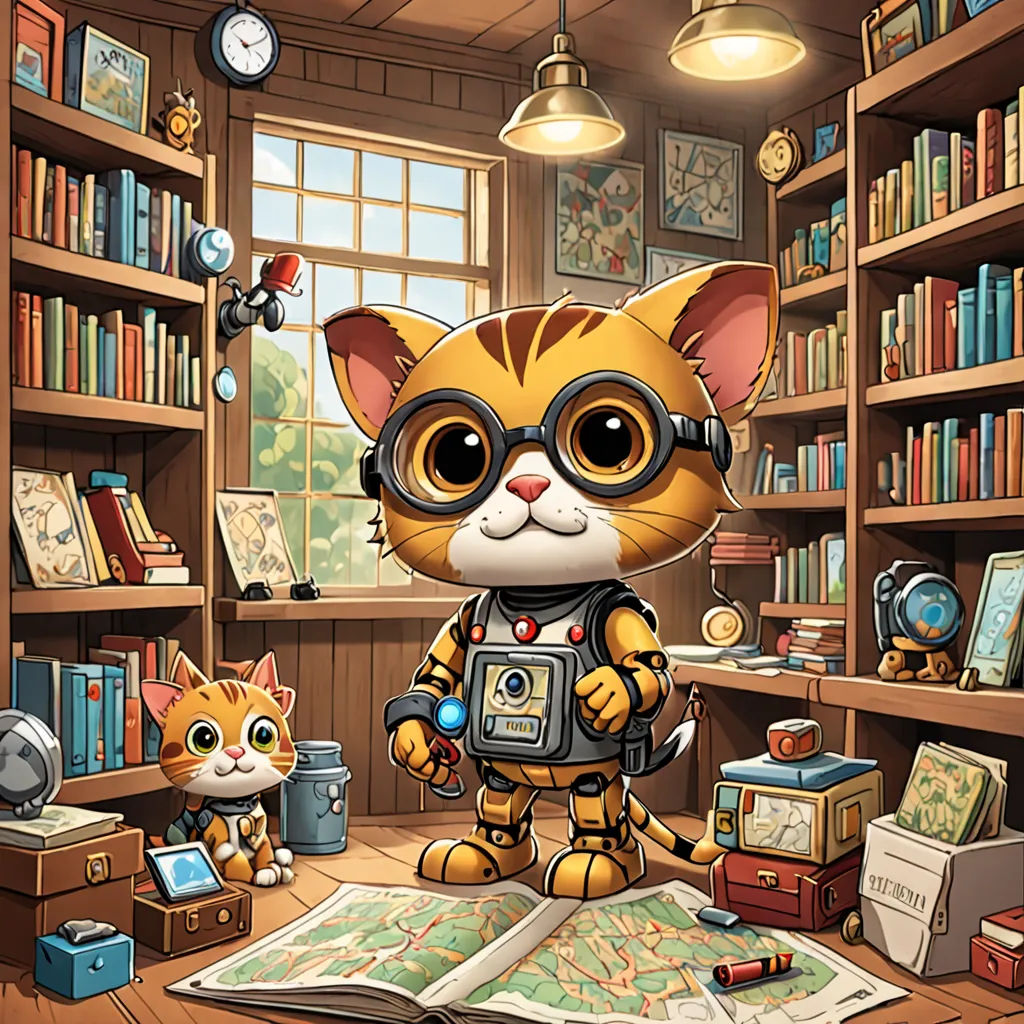 a cat with goggles and a camera in a library with a cat on the floor and a cat on the floor, sots art, a computer rendering, Chris LaBrooy, game art